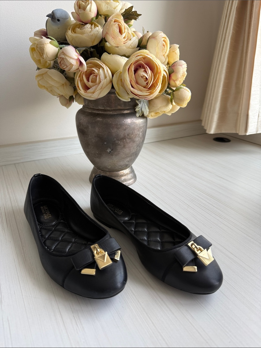 Michael Kors Black Ballet Flats with Gold Pyramid Accent 5.5